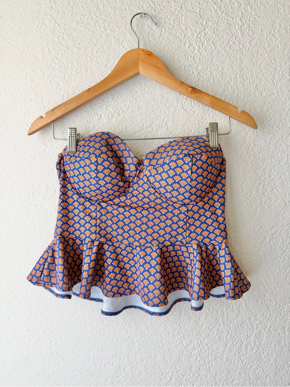 Albion Fit Blue Orange Fan Print Siren Peplum Swim Top Sz M - Picture 2 of 5